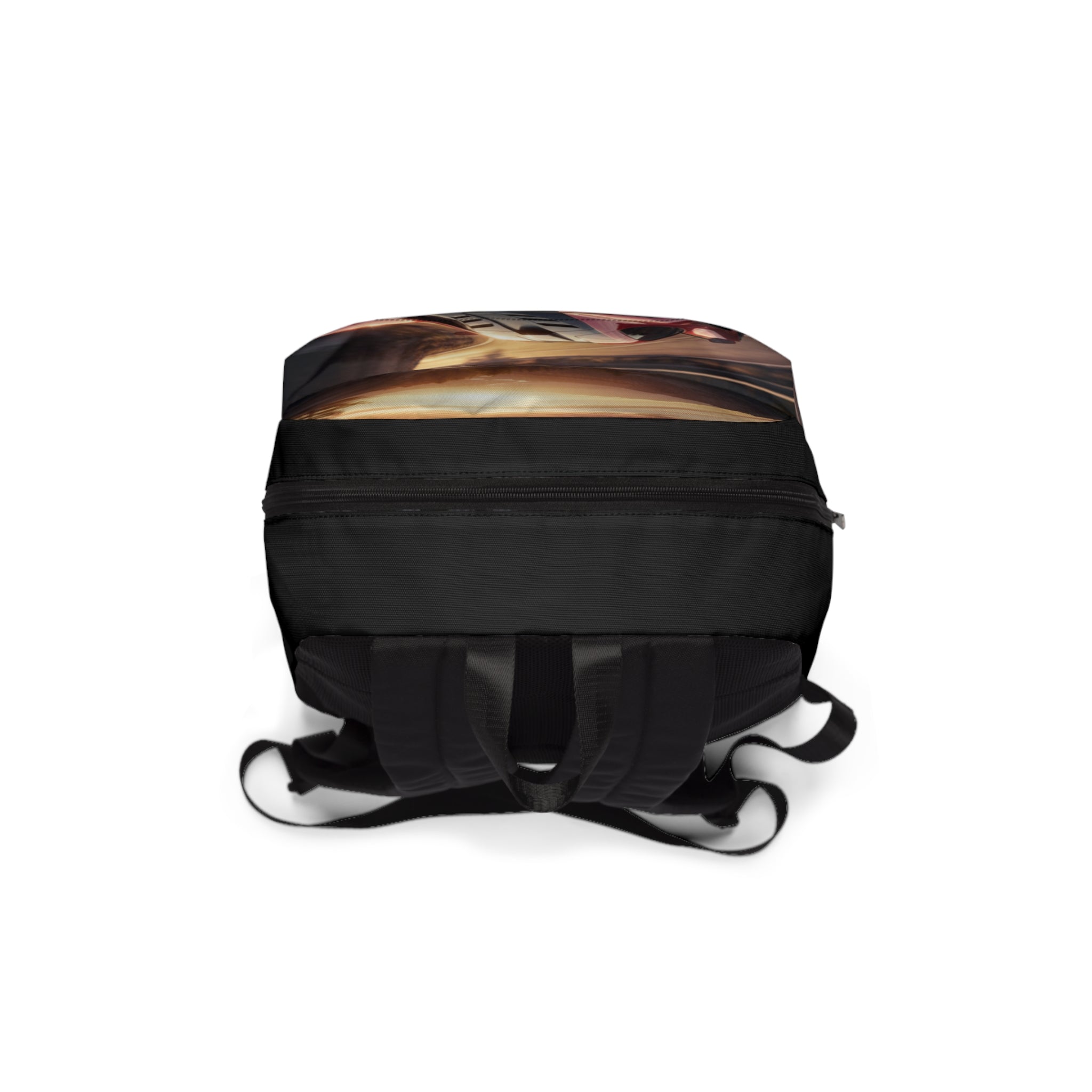 Zaino unisex nero con stampa, fascia frontale e cinghie regolabili