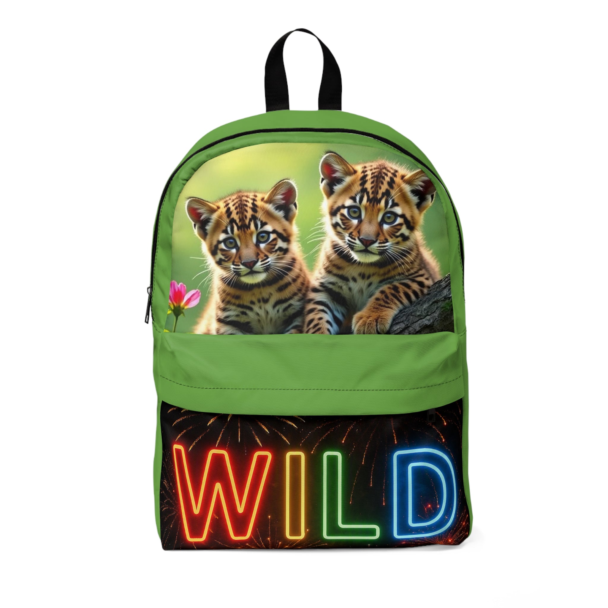 Zaino verde unisex con stampa tigri frontale e scritta neon “WILD”