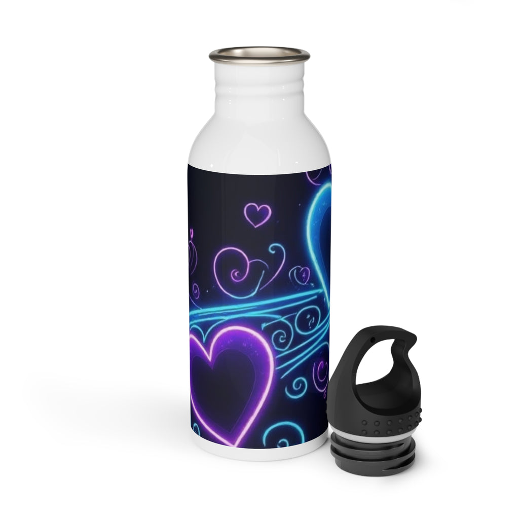 Borraccia in acciaio bianca con tappo nero e grafica cuori blu-viola; tappo a parte.