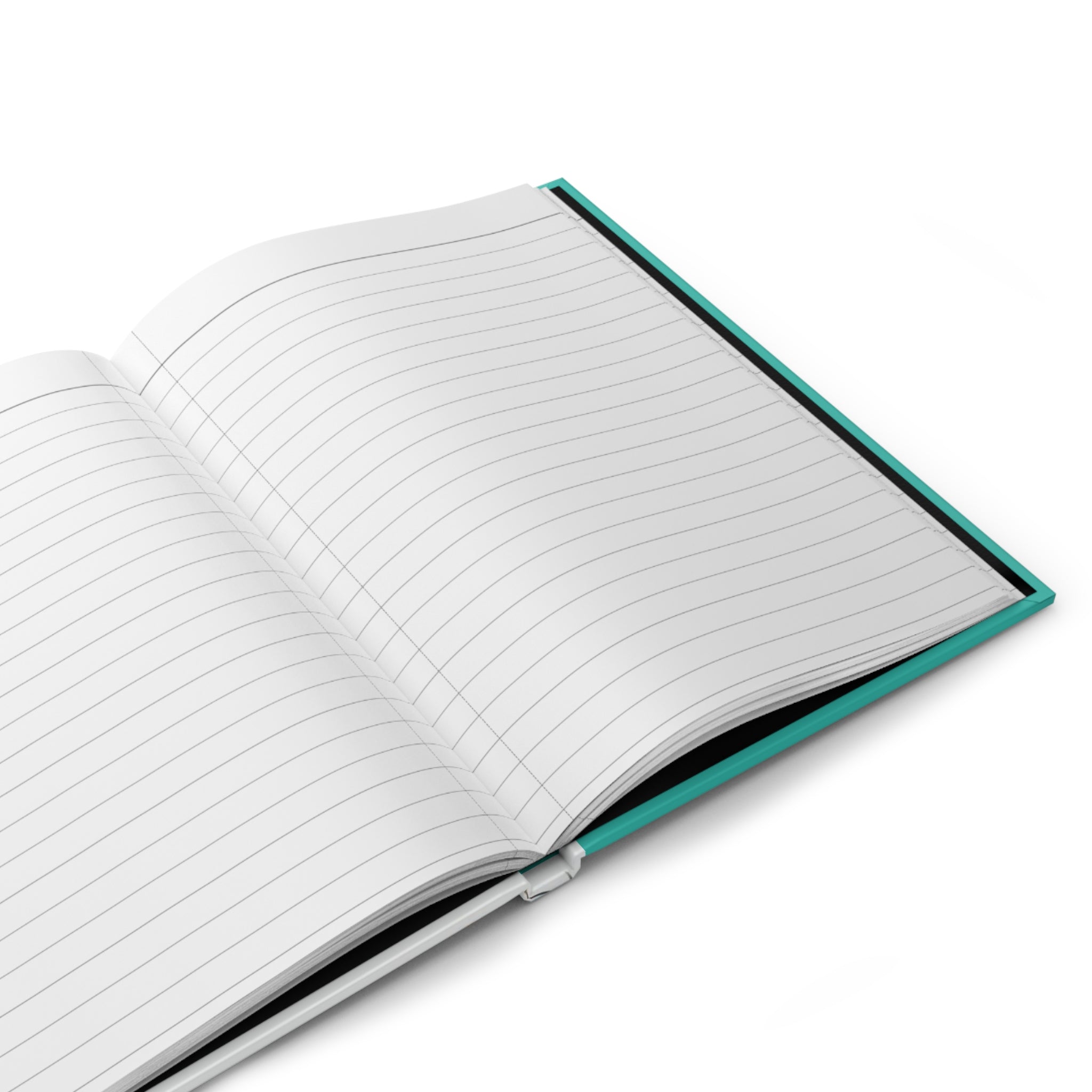 Taccuino aperto con pagine rigate e bordatura verde; copertina rigida