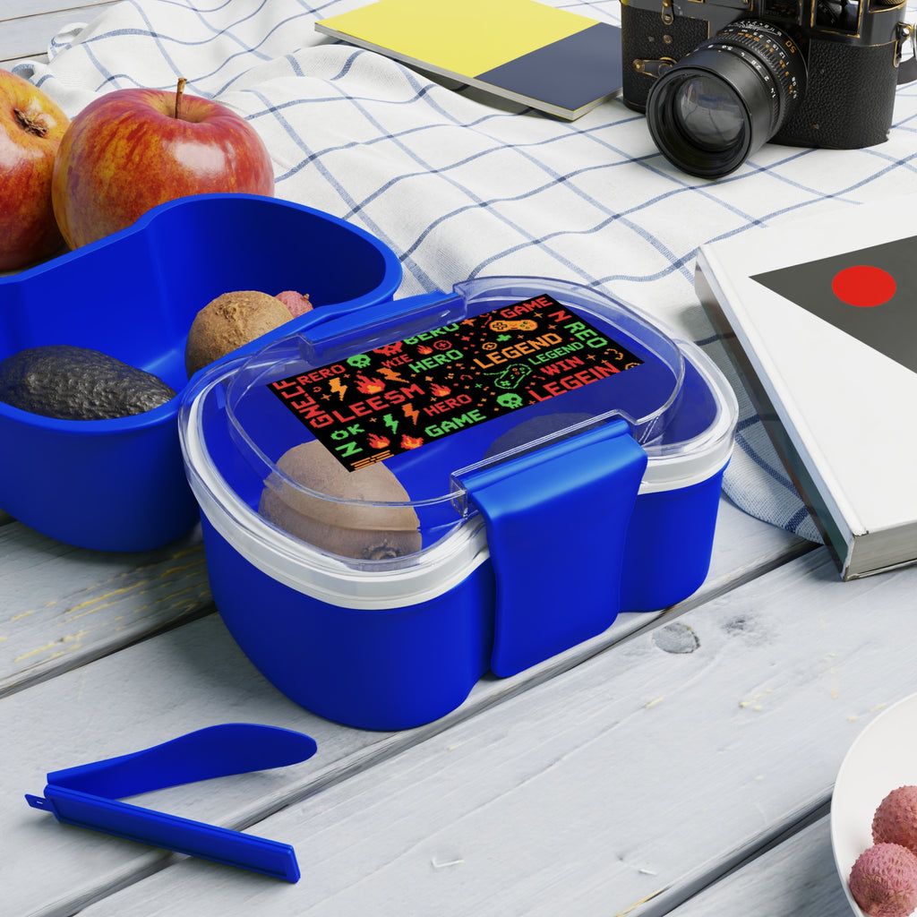 Bento blu a due scomparti con coperchio trasparente e grafica colorata sul coperchio