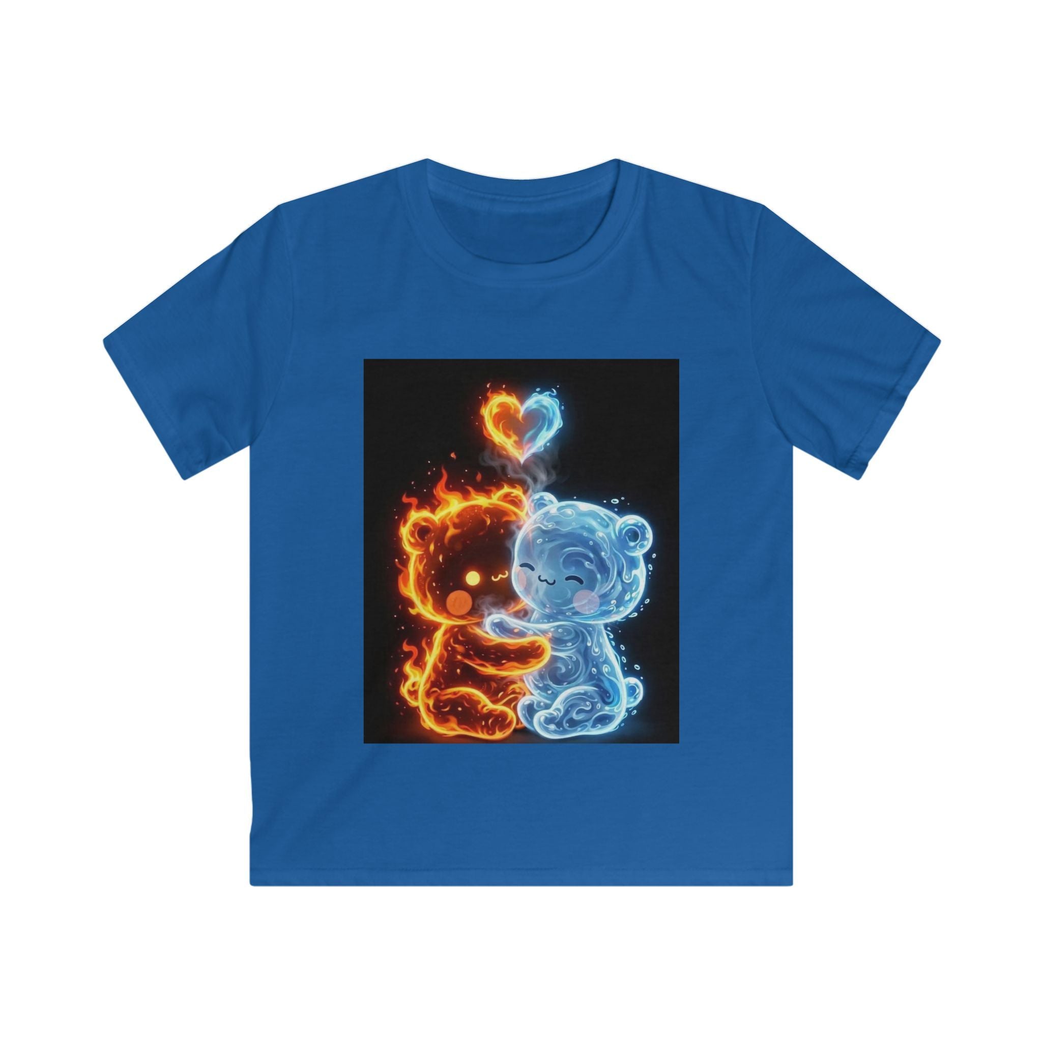 Maglietta bambino blu reale con stampa cuore fuoco arancione e blu, quadrata