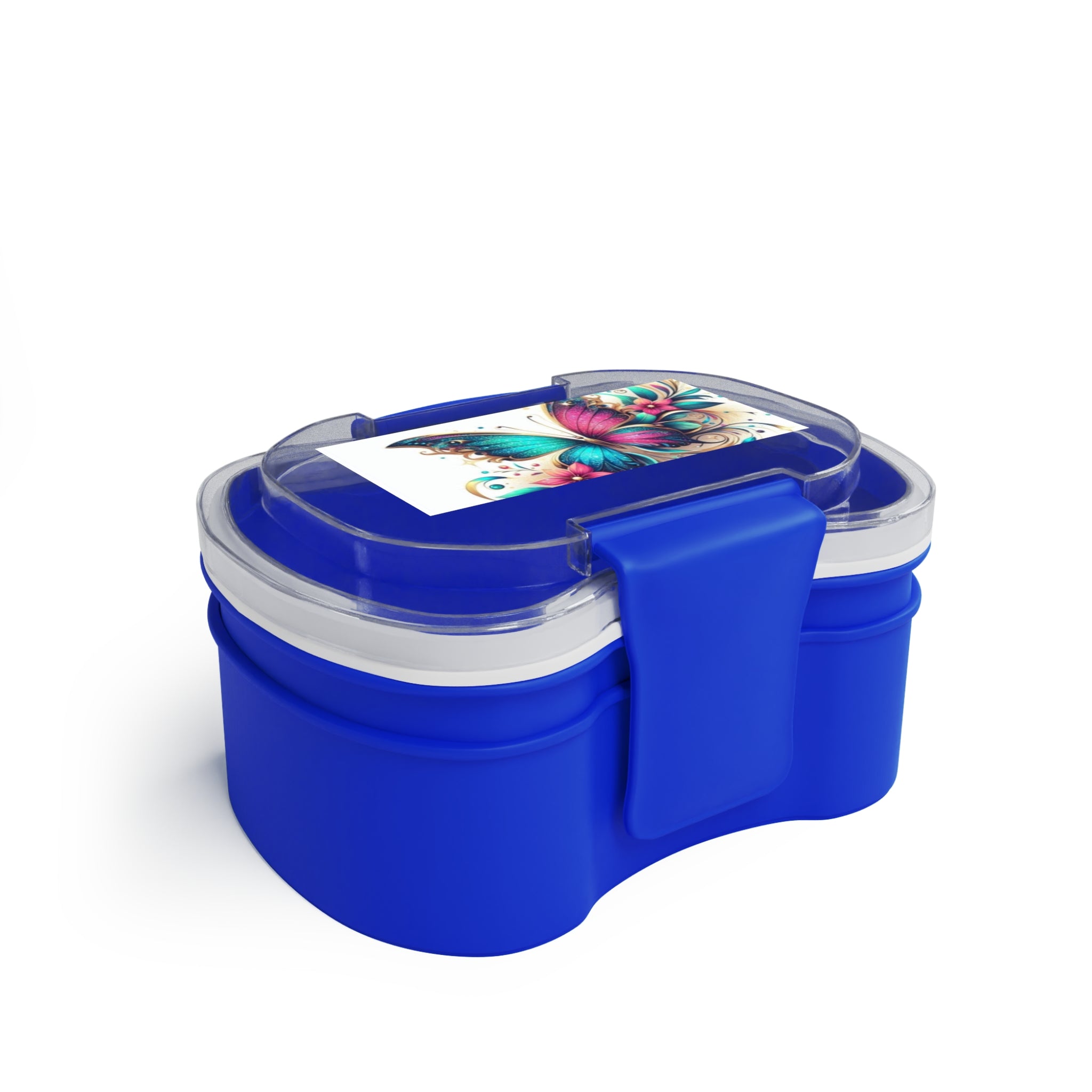 Contenitore bento a due scomparti blu con coperchio trasparente e grafica farfalla.