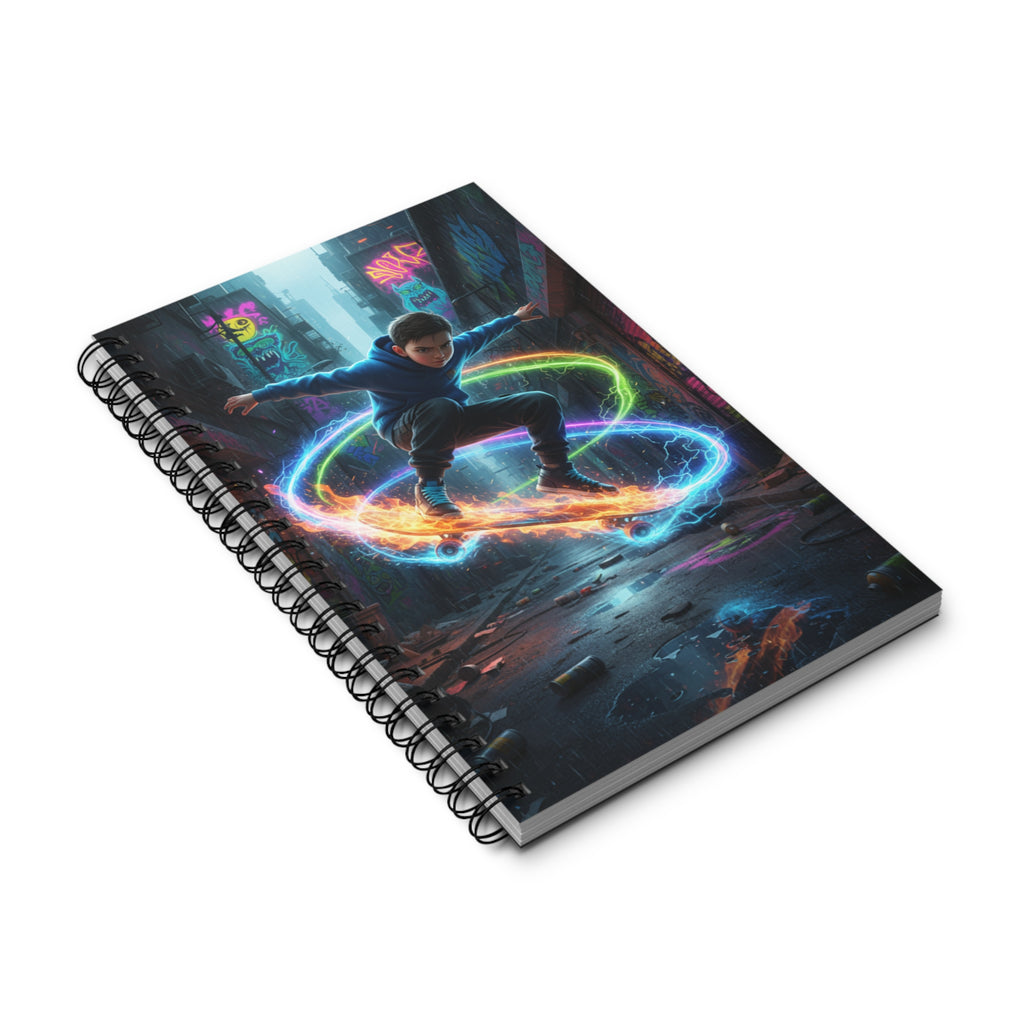 Quaderno ad anelli nero con copertina grafica neon fantasy e spirale luminosa
