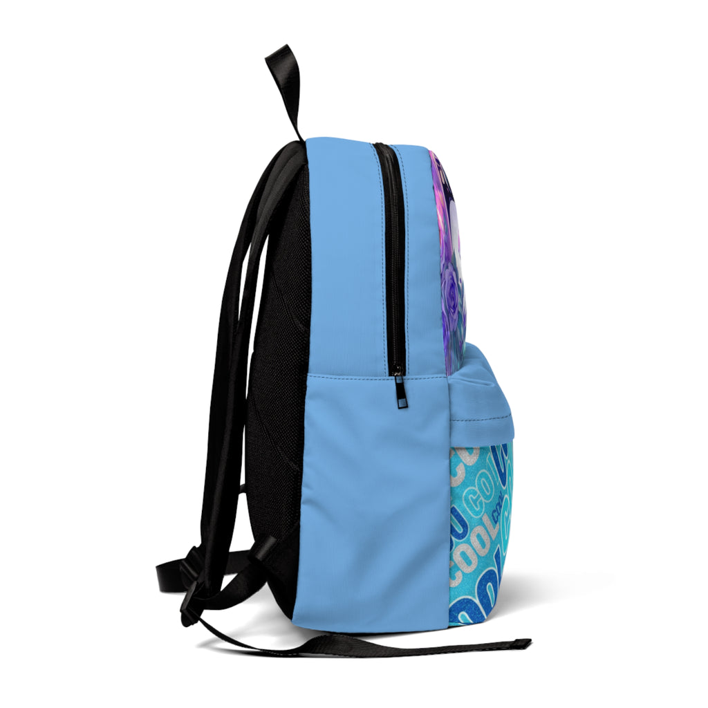Zaino unisex azzurro con spallacci neri e pannello laterale a motivo blu