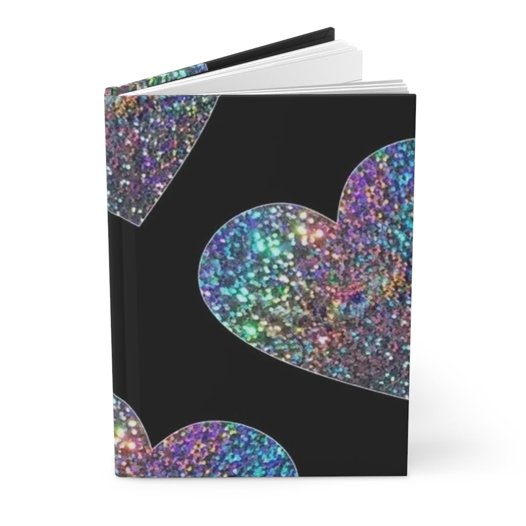 Diario rigido opaco con copertina nera e cuori glitter multicolore e pagine impilate