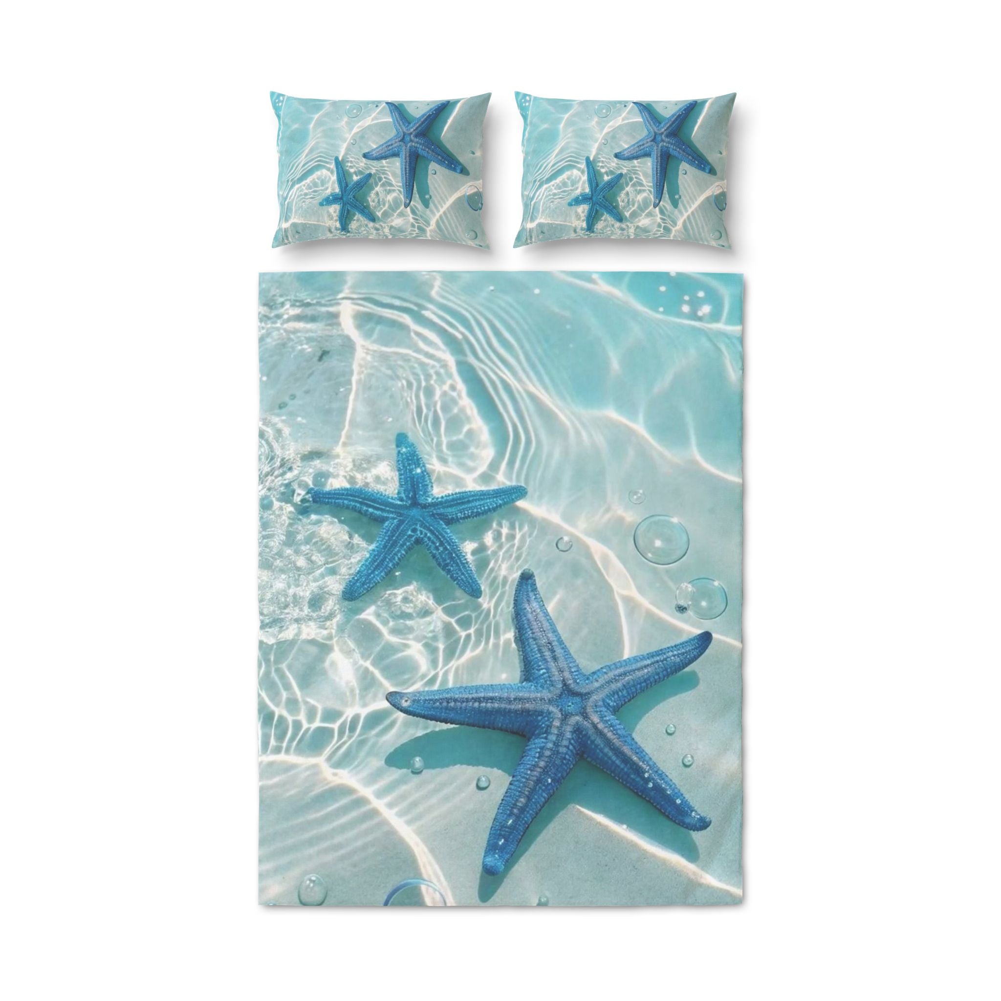Set copripiumino con federe, stelle marine su sfondo azzurro e onde