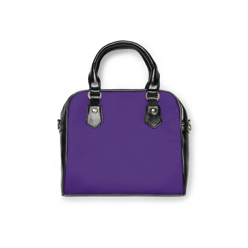 Borsa a spalla viola con finiture nere, manici imbottiti e dettaglio metallico