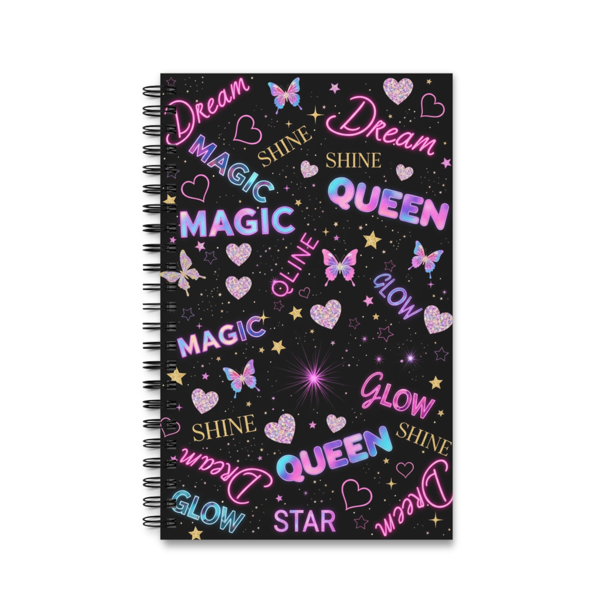 Diario a spirale nero con copertina fantasia Dream, Magic Queen e cuori e farfalle