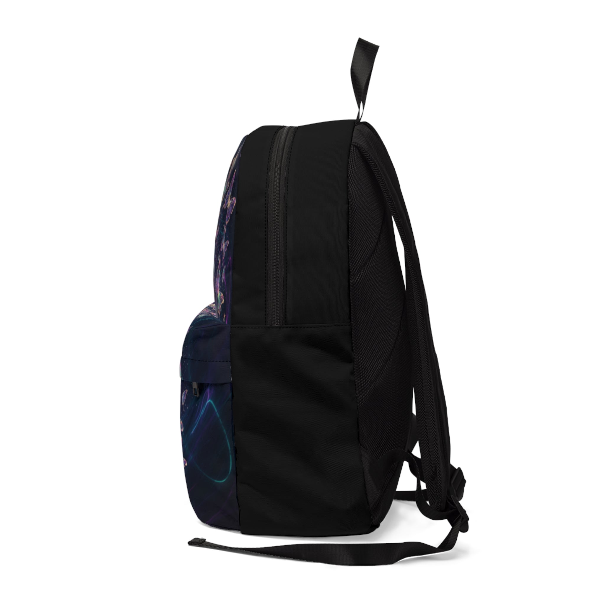 Zaino classico unisex nero con stampa farfalle, schienale imbottito e tracolla