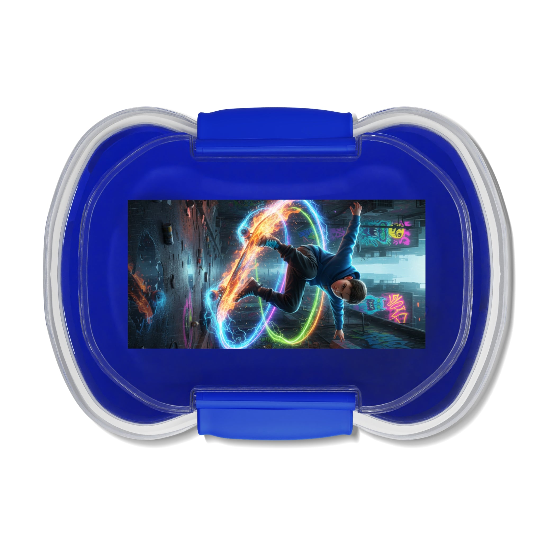 Contenitore bento a due scomparti blu con coperchio trasparente e clip.