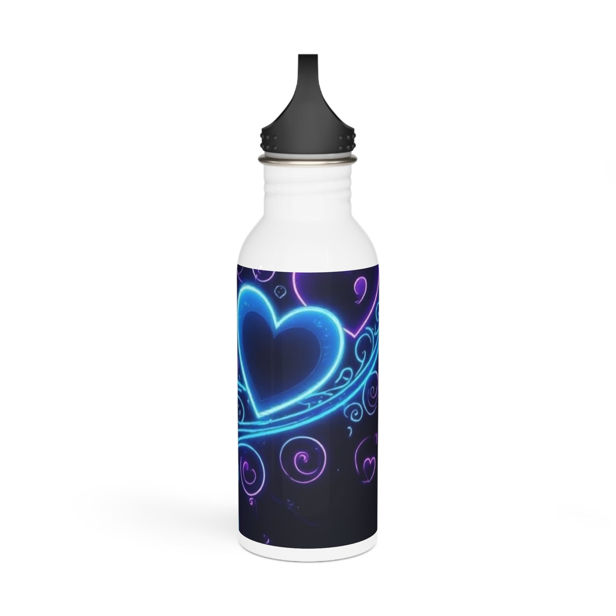 Borraccia in acciaio bianca con tappo nero, stampa cuori blu luminosi e viola.