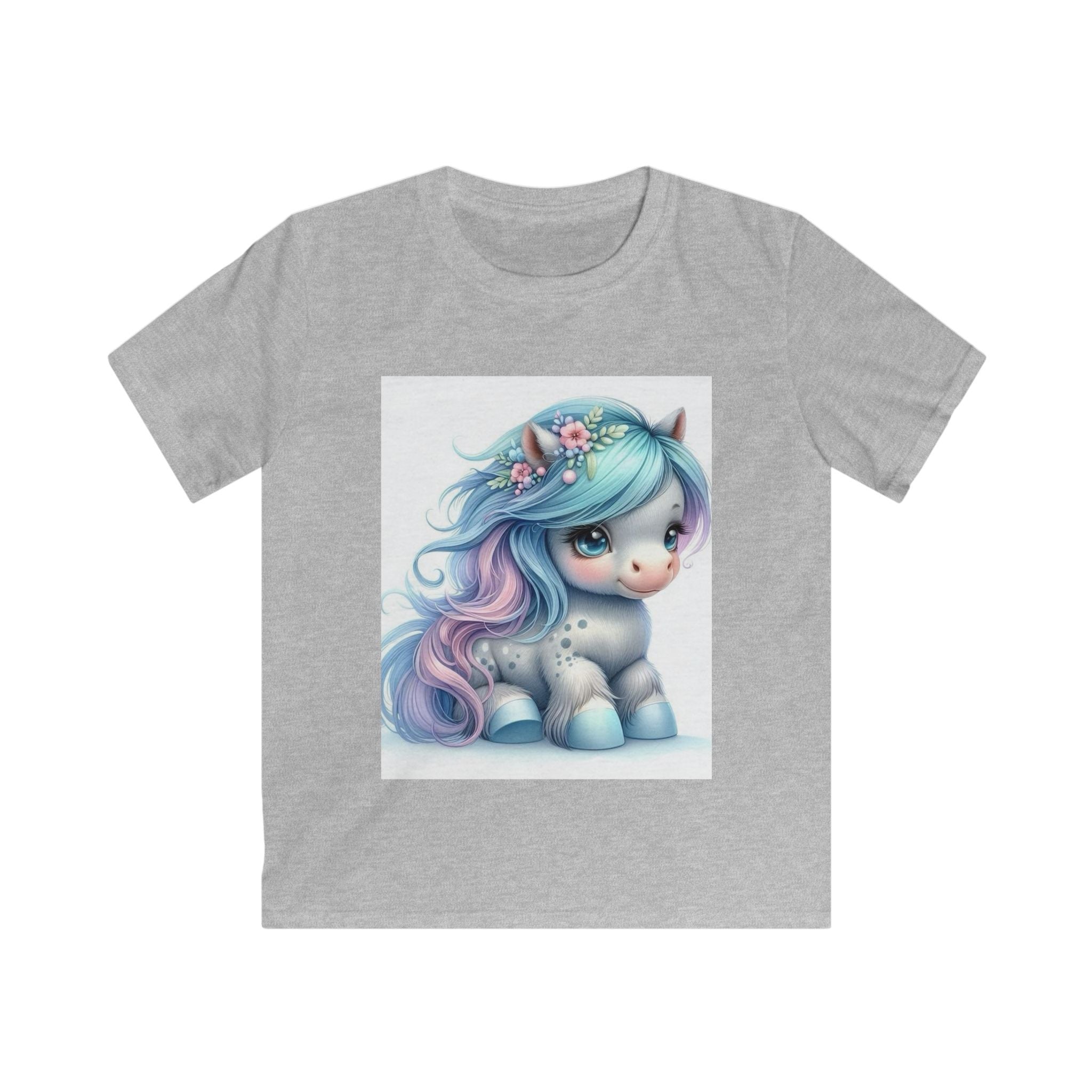 Maglietta bambino grigio chiaro con stampa frontale fata dai capelli azzurri e viola