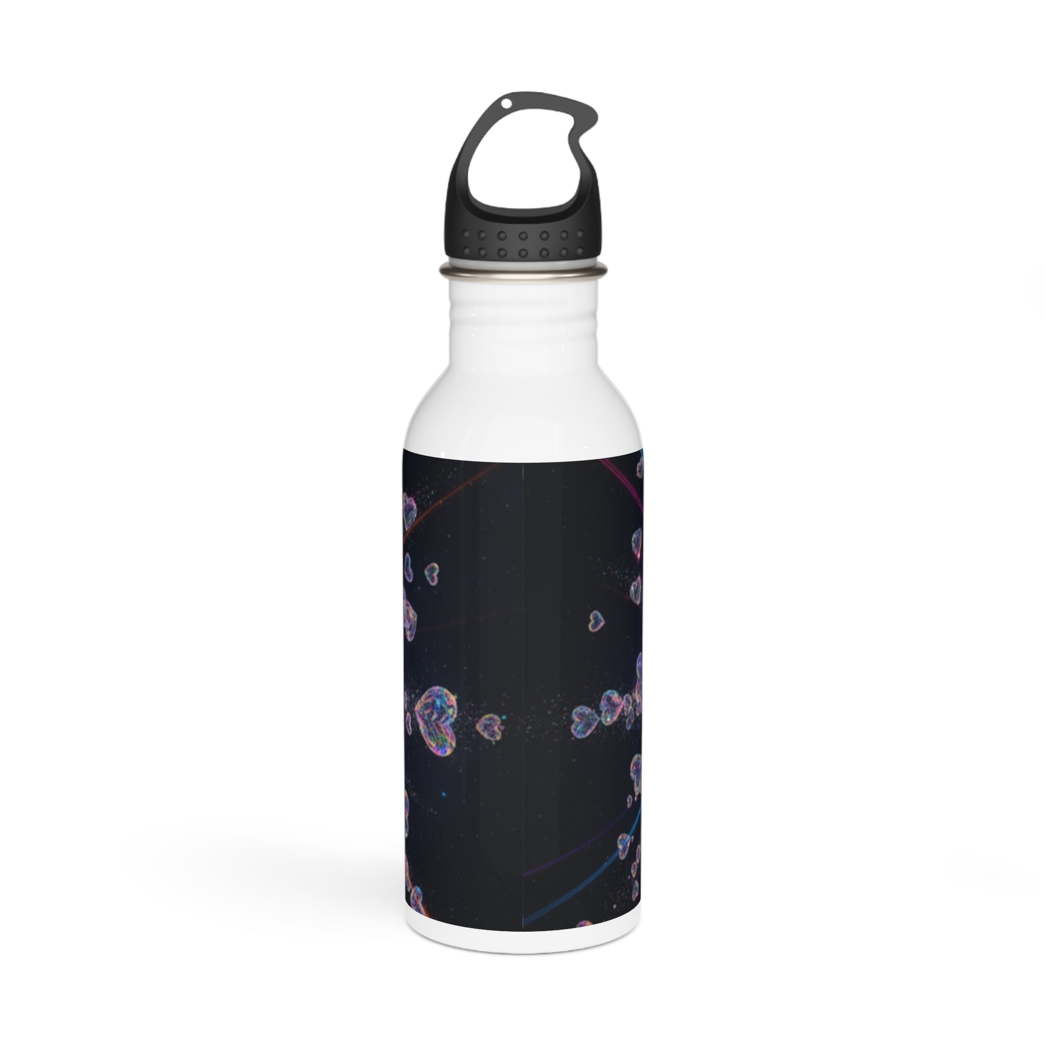 Borraccia in acciaio inox con stampa universo blu-viola su fondo nero e tappo nero