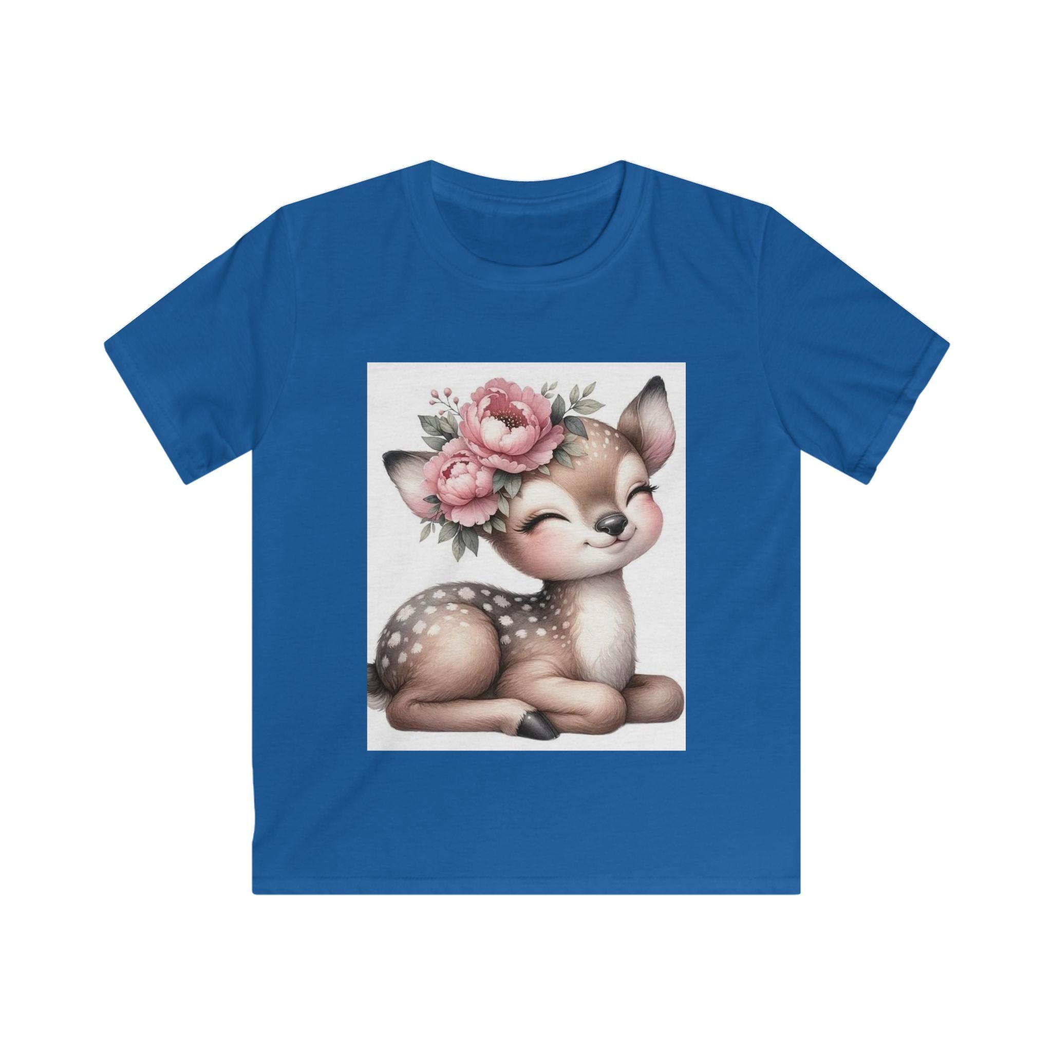 T-shirt bambino blu reale con stampa cerbiatto e fiori rosa in riquadro