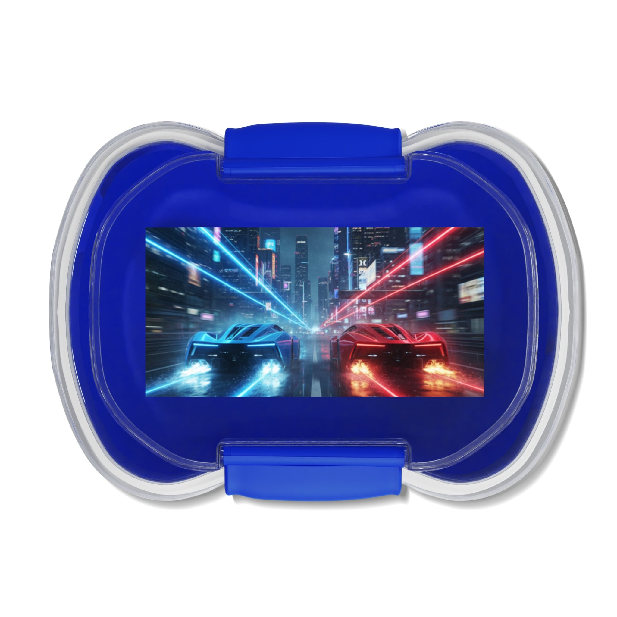 Bento box blu a due livelli con coperchio trasparente e chiusura a clip